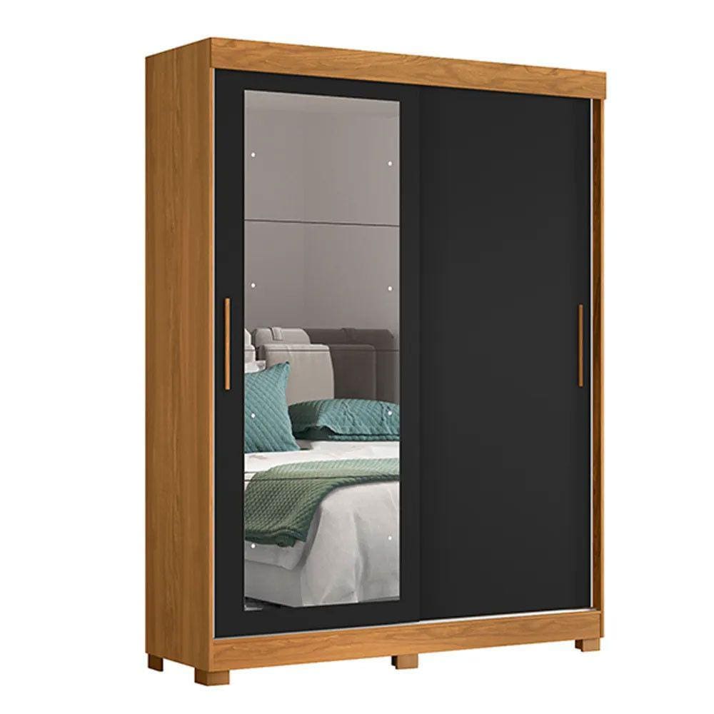 Guarda Roupa Spin com 2 Portas e 2 Gavetas com Espelho em Preto com Carvalho Star Confort