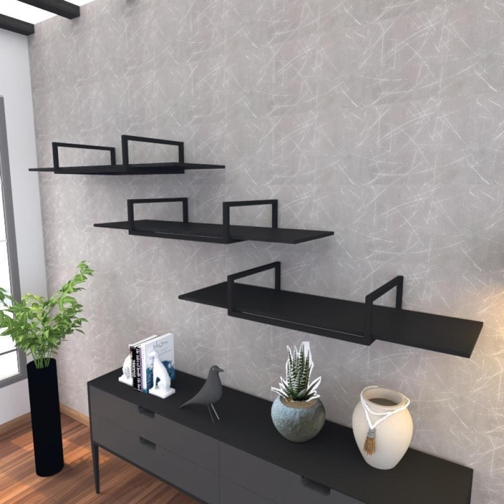 Kit Com 3 Prateleira Industrial Suspensa Parede Nicho Preta Cozinha Escritorio Sala Quarto Infantil