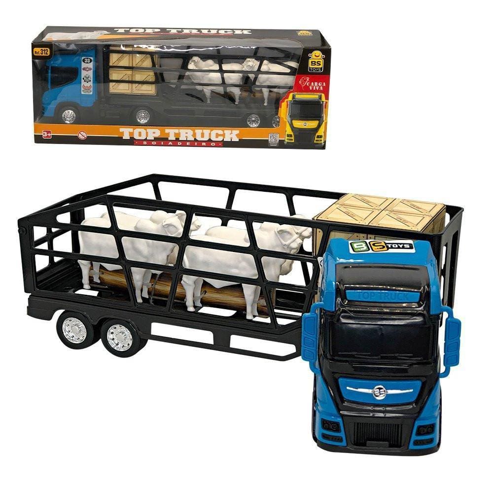 Caminhão 55Cm Boiadeiro Com Rampa 4 Bois Cabine Azul