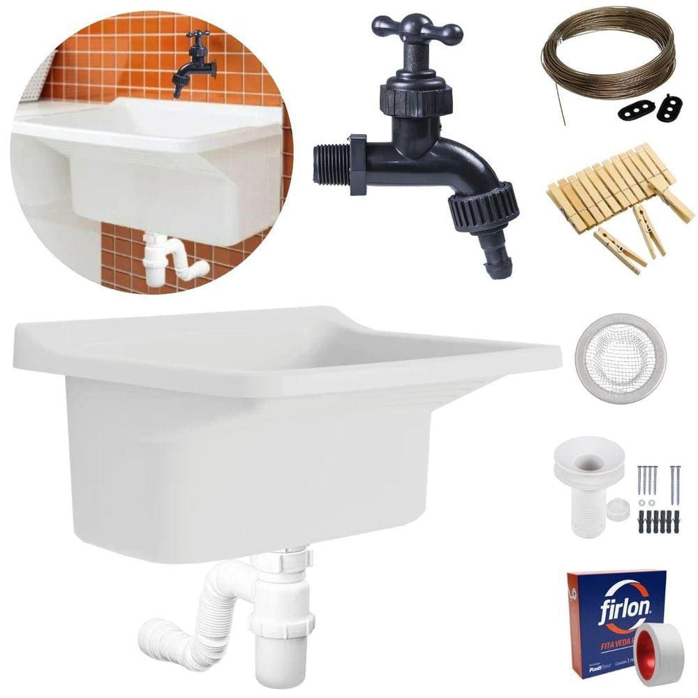 Tanque Lavanderia 40L Branco + Sifão Copo Universal
