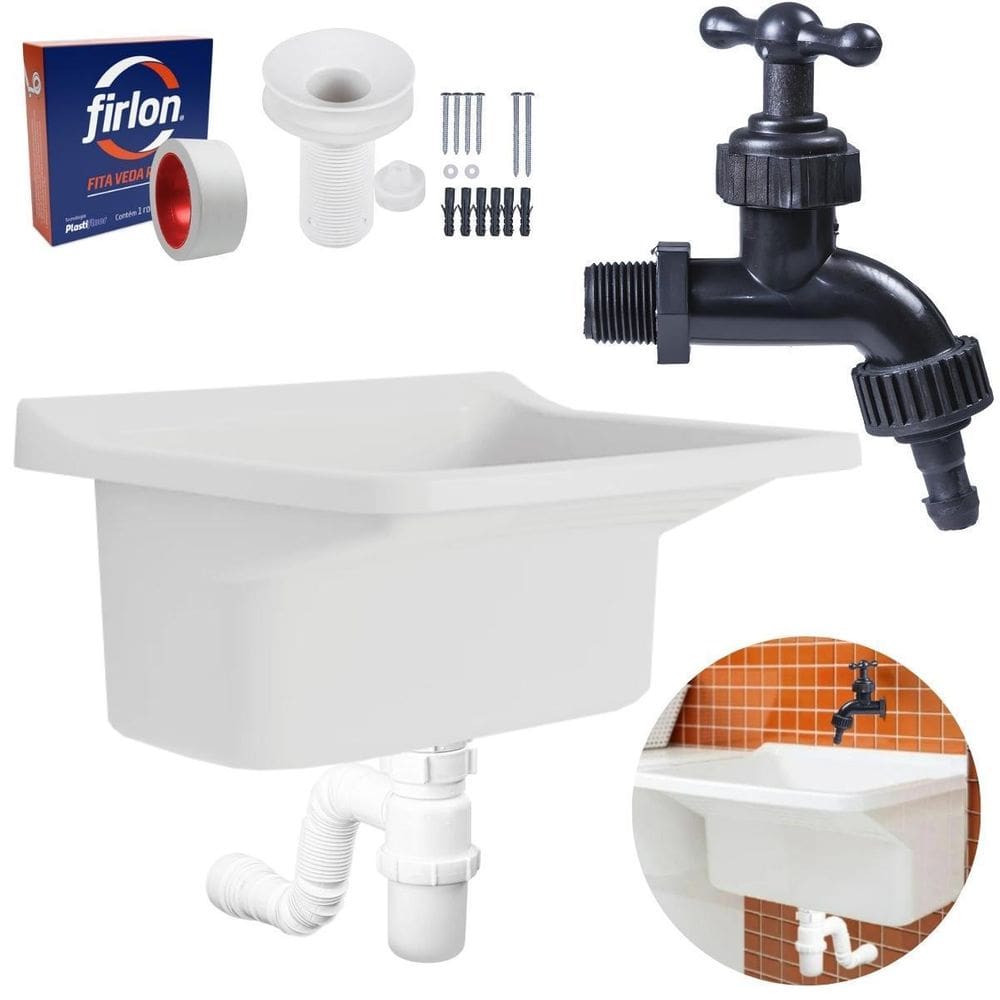 Tanque Plástico 40L Lavanderia Branco + Sifão Copo Universal