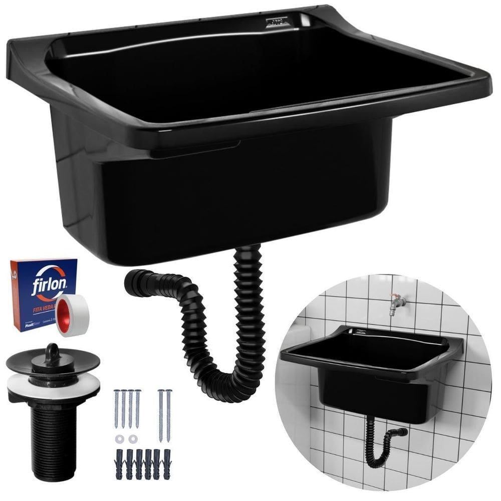 Tanque Plástico 22L Lavanderia Preto + Sifão Universal