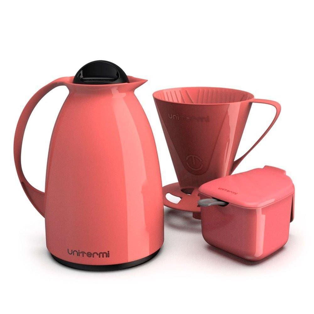Kit Rosa 03 Peças Garrafa Térmica Açucareiro Colher E Coador