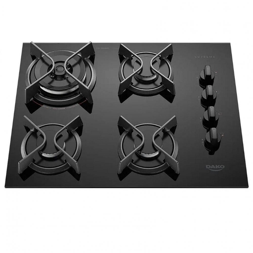 Cooktop a Gás Dako Supreme 4 Bocas Mesa em Vidro Trempes em Ferro Fundido