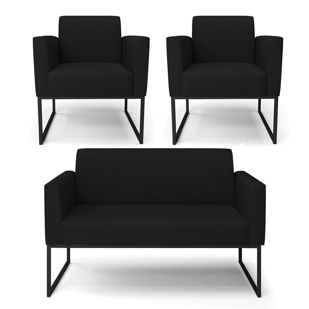 Sofá Namoradeira com 2 Poltronas Base Industrial Preto Marisa Linho D03 - D`Rossi