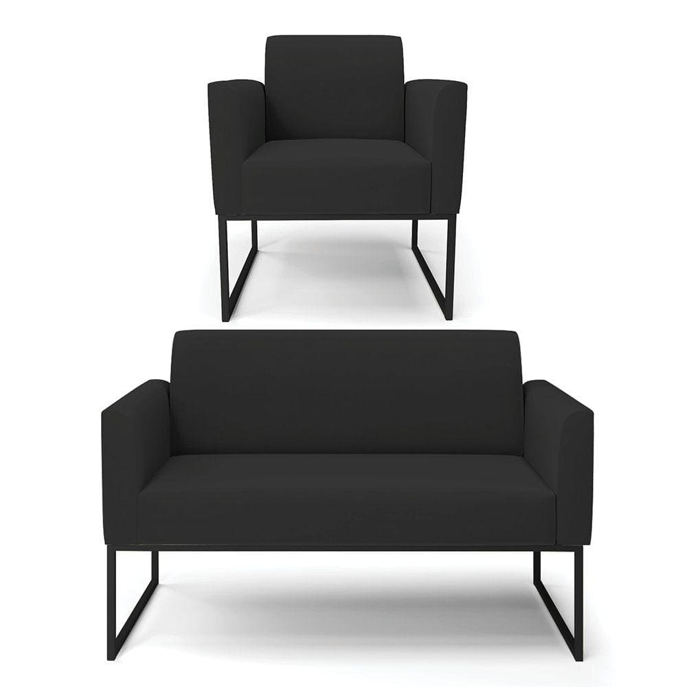Sofá Namoradeira com Poltrona Base Industrial Preto Marisa Veludo Preto D03 - D`Rossi