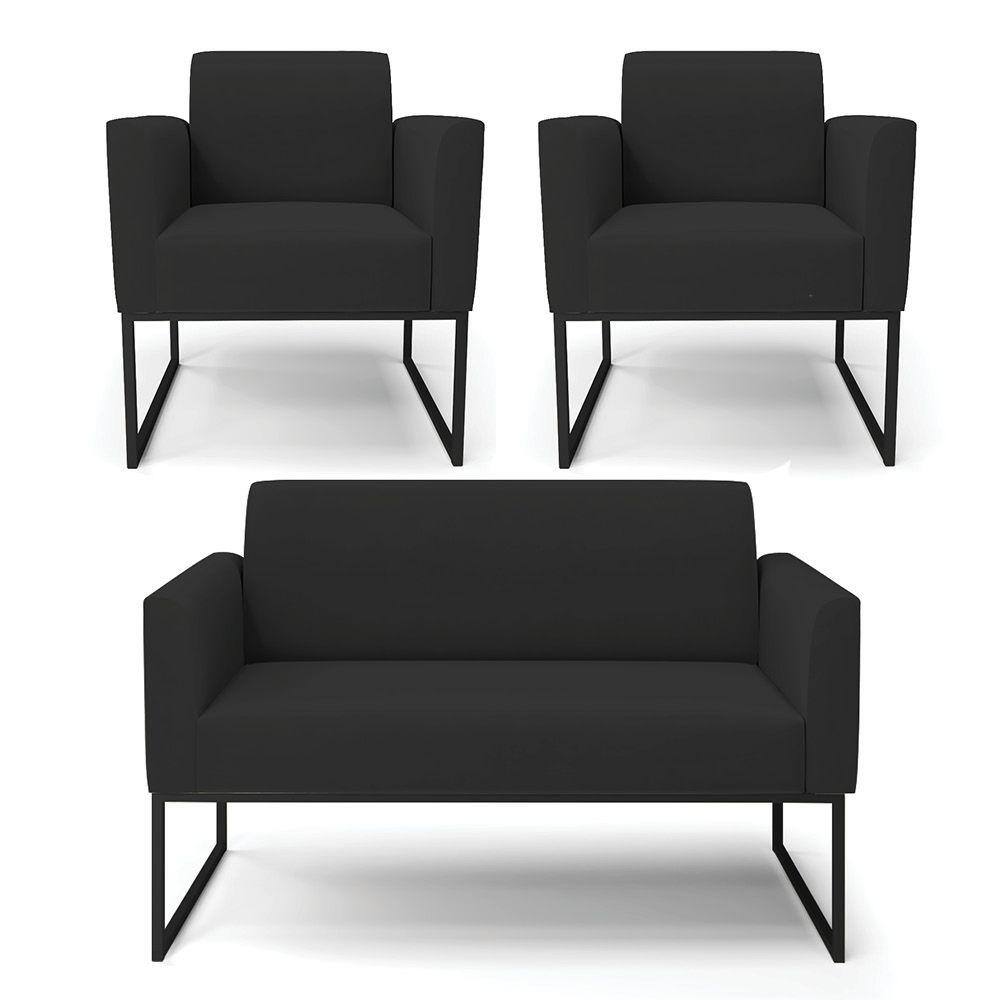Sofá Namoradeira com 2 Poltronas Base Industrial Preto Marisa Veludo Preto D03 - D`Rossi