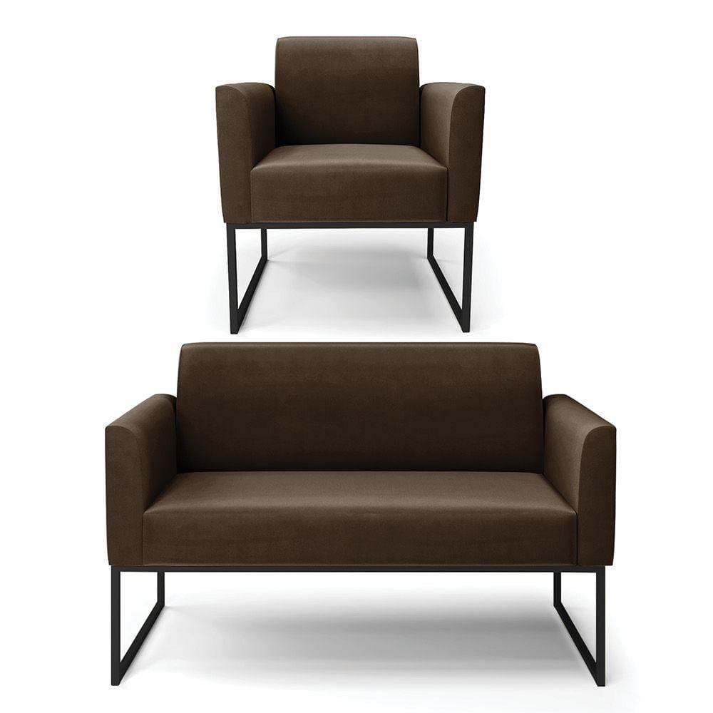 Sofá Namoradeira com Poltrona Base Industrial Preto Marisa Suede Marrom D03 - D`Rossi