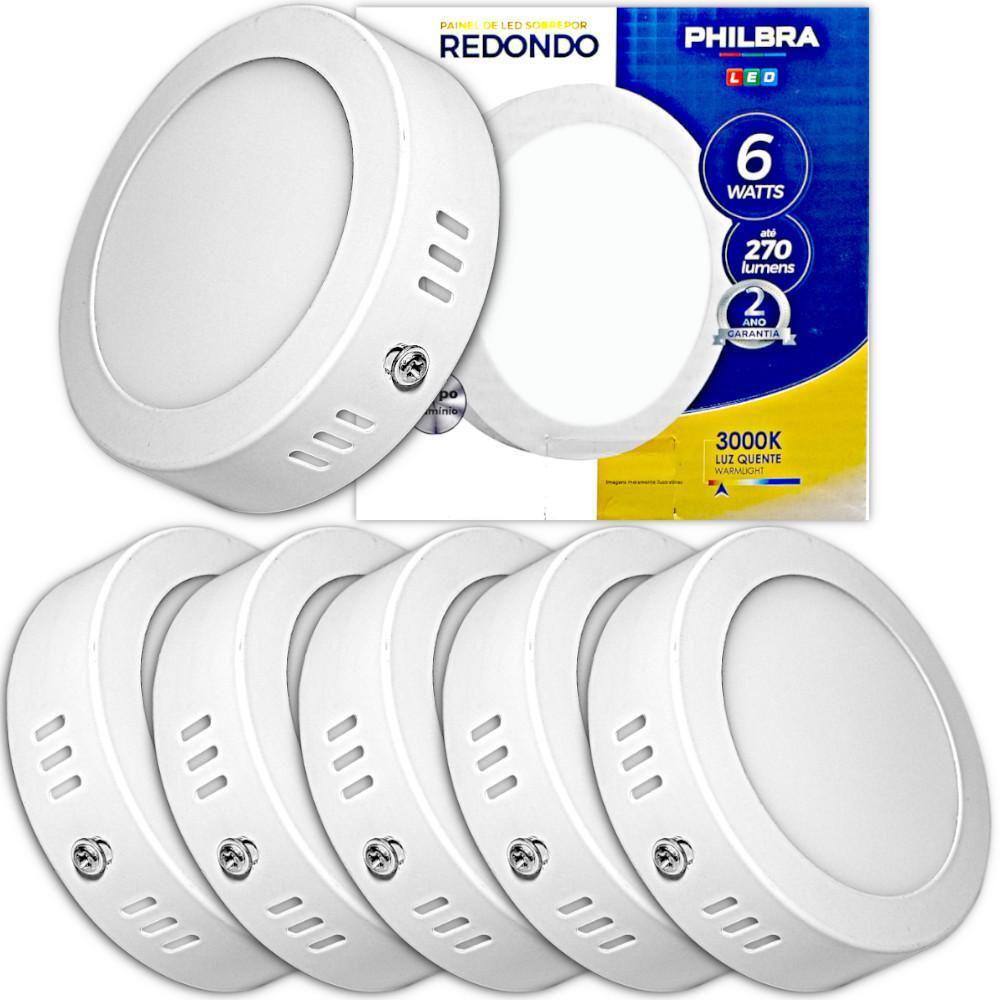 Kit 5 Painel Plafon Led 6W Sobrepor Redondo Branco Quente