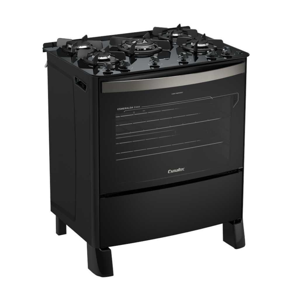 Fogão a Gás 5 Bocas Automático Esmeralda Glass Preto Mesa de Vidro - Esmaltec