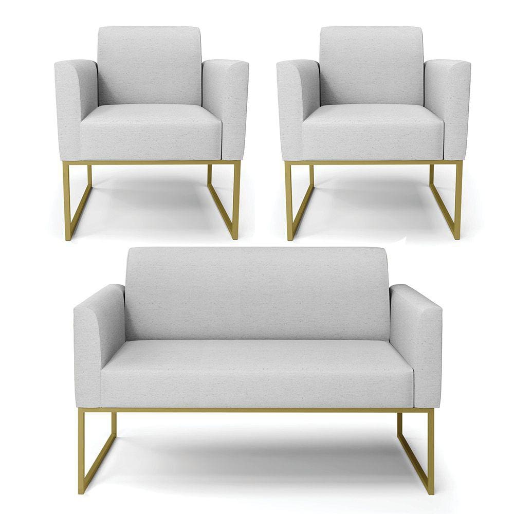 Sofá Namoradeira com 2 Poltronas Base Industrial Dourado Marisa Linho Cinza A05 D03 - D`Rossi