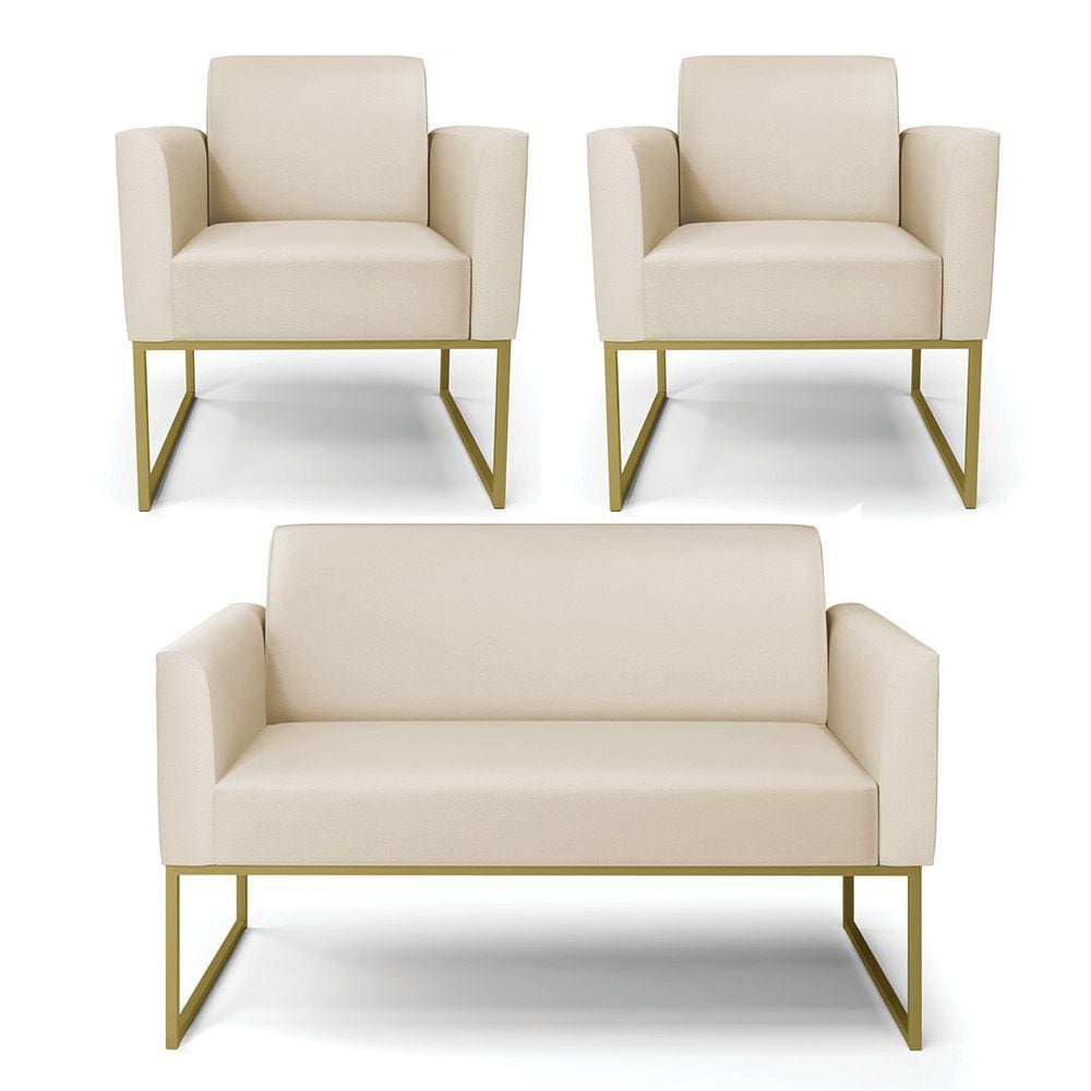 Sofá Namoradeira com 2 Poltronas Base Industrial Dourado Marisa Corino Bege D03 - D`Rossi