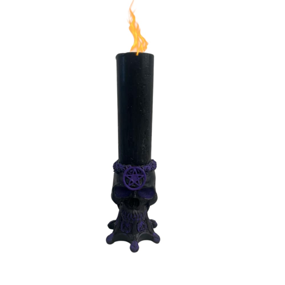 Escultura Crânio Castiçal Preto Com Pentagrama 13 cm Resina