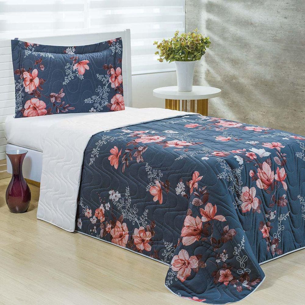 Cobre Leito Solteiro Colori Dupla Face 200 Fios Estampado 2 Peças - Prussia Azul Marinho