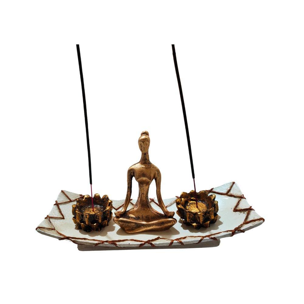 Estátua Yoga C Bandeja Retangular Curva 2 Incensários Resina