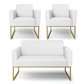 Sofá Namoradeira com 2 Poltronas Base Industrial Dourado Marisa Corino Branco D03 - D`Rossi