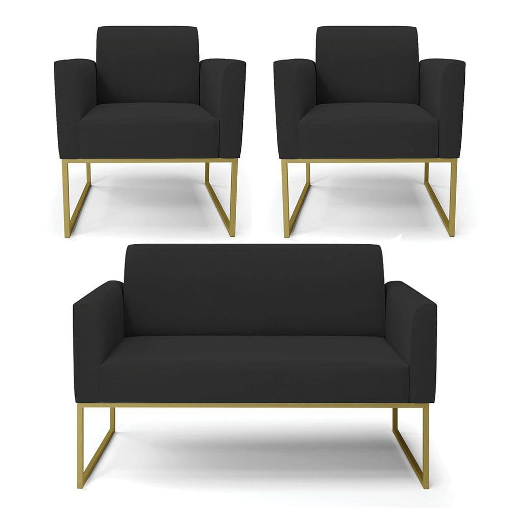 Sofá Namoradeira com 2 Poltronas Base Industrial Dourado Marisa Veludo Preto D03 - D`Rossi