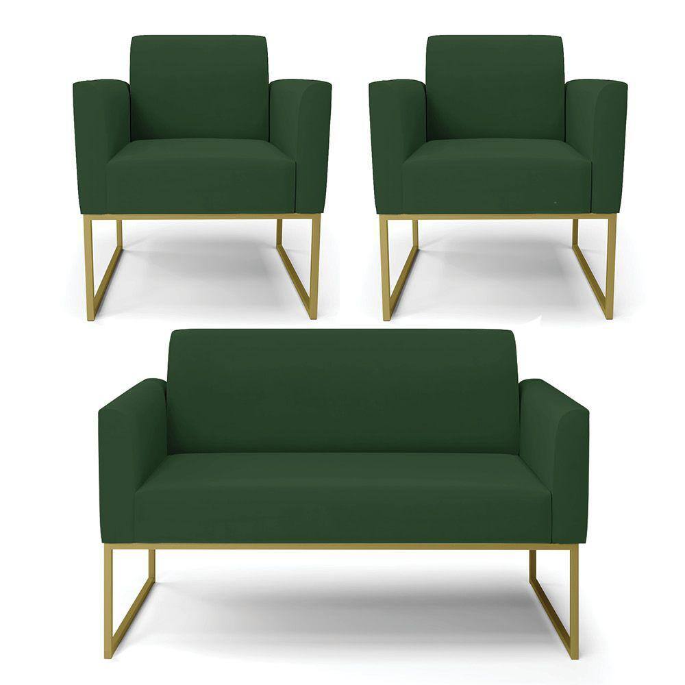 Sofá Namoradeira com 2 Poltronas Base Industrial Dourado Marisa Veludo Verde D03 - D`Rossi