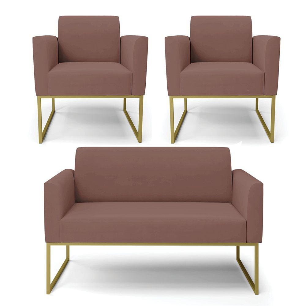 Sofá Namoradeira com 2 Poltronas Base Industrial Dourado Marisa Veludo Rosê D03 - D`Rossi