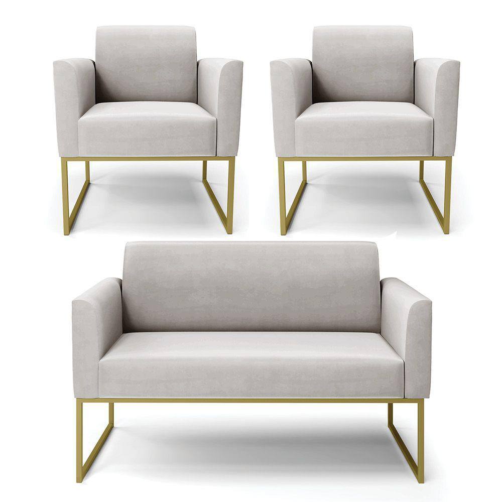 Sofá Namoradeira com 2 Poltronas Base Industrial Dourado Marisa Veludo Cinza D03 - D`Rossi