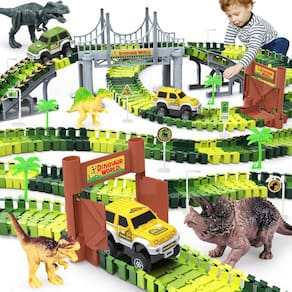 Conjunto de brinquedos KKONES Dinosaur World Road Race com 4 dinossauros