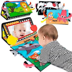 Brinquedos sensoriais Aboosam Tummy Time Mirror com livros e dentes de tecido