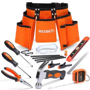 Conjunto de ferramentas REXBETI Young Builder`s 18 unidades com cinto de ferramentas para crianças com mais de 7 anos
