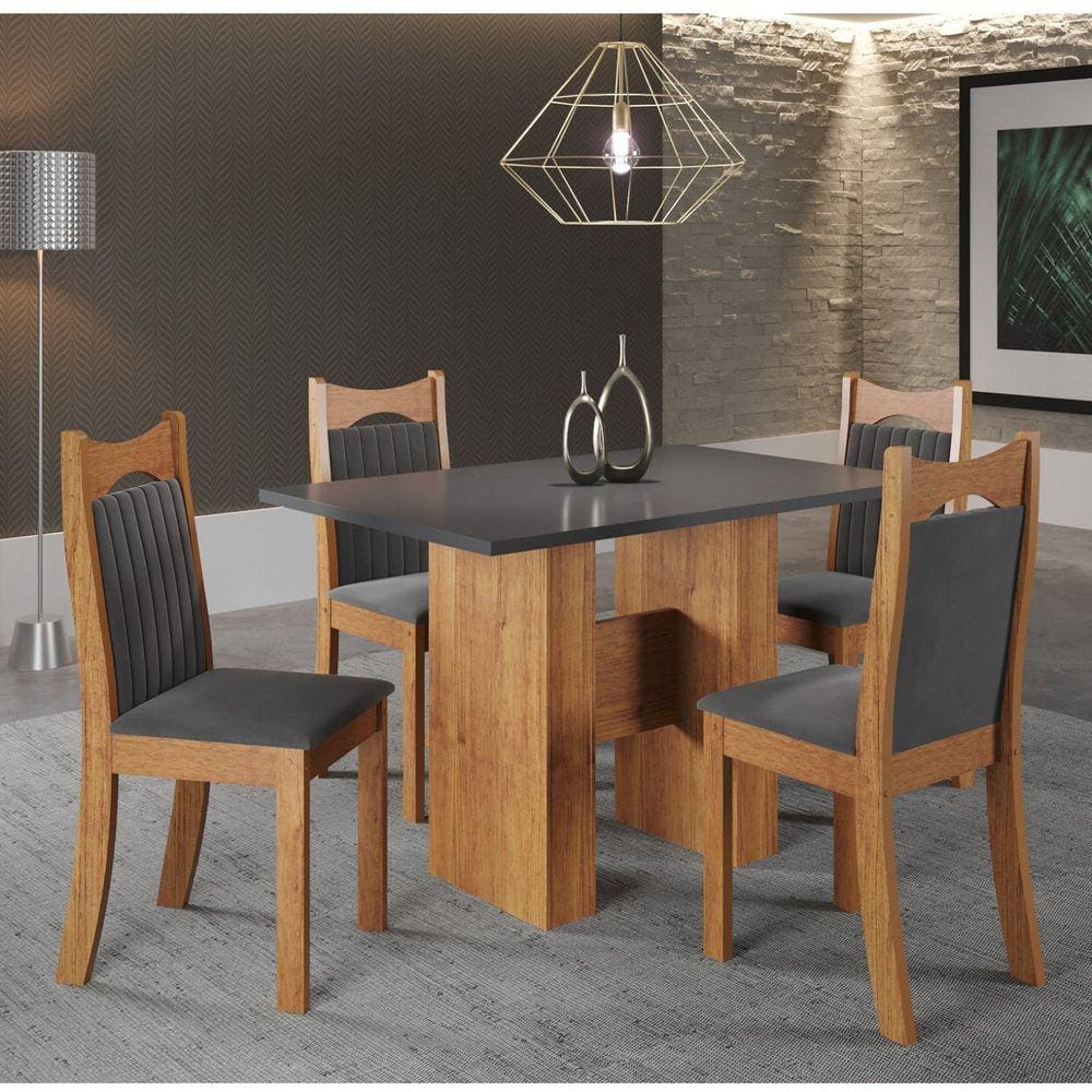 Conjunto de Jantar Mesa Retangular Shake com 4 Cadeiras Dalas Mel/Cinza Brilho/Grafite