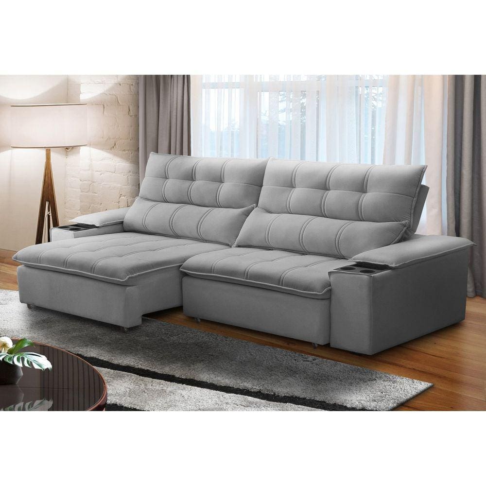 Sofá Retrátil e Reclinável 3 Lugares 230cm com Porta Copos e Objetos Bulgária Prata