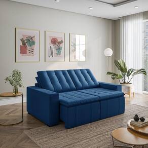 Sofá Cama Retrátil e Reclinável 3 Lugares 200cm em Veludo com Molas e Braço Reto Palmeira Cabecasa M Azul