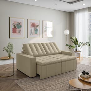 Sofá Cama Retrátil e Reclinável 3 Lugares 200cm em Veludo com Molas e Braço Reto Palmeira Cabecasa M Bege