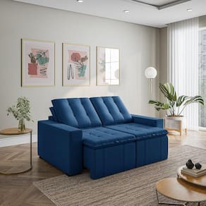 Sofá Cama Retrátil e Reclinável 3 Lugares 180cm em Veludo com Molas e Braço Reto Palmeira Cabecasa M Azul