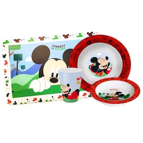 Kit Refeição Infantil Mickey 4 Peças Melamina Prato, Tigela, Copo e Lugar Americano - Tuut