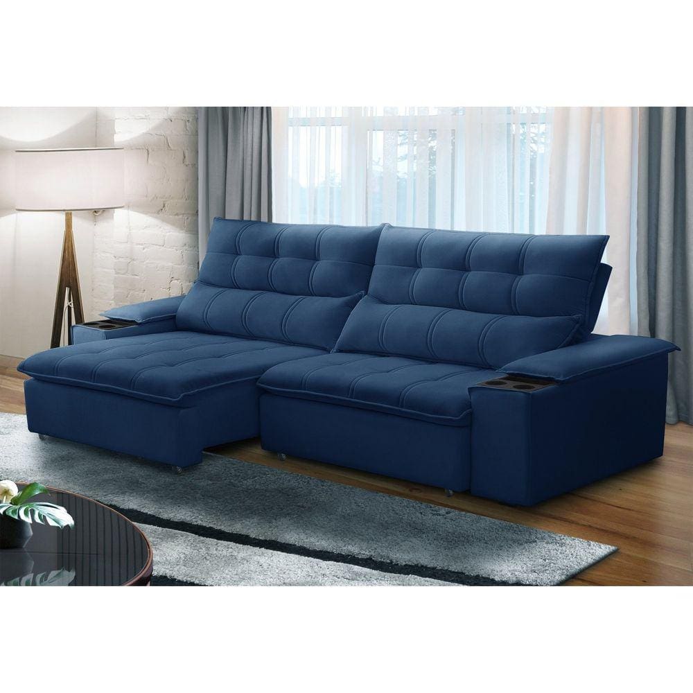 Sofá Retrátil e Reclinável 4 Lugares 250cm com Porta Copos e Objetos Bulgária Azul