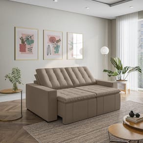 Sofá Cama Retrátil e Reclinável 3 Lugares 200cm em Veludo com Molas e Braço Reto Palmeira Cabecasa M Castor