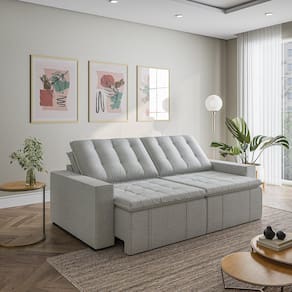 Sofá Cama Retrátil e Reclinável 3 Lugares 220cm em Linho com Molas e Braço Reto Palmeira Cabecasa Ma Prata