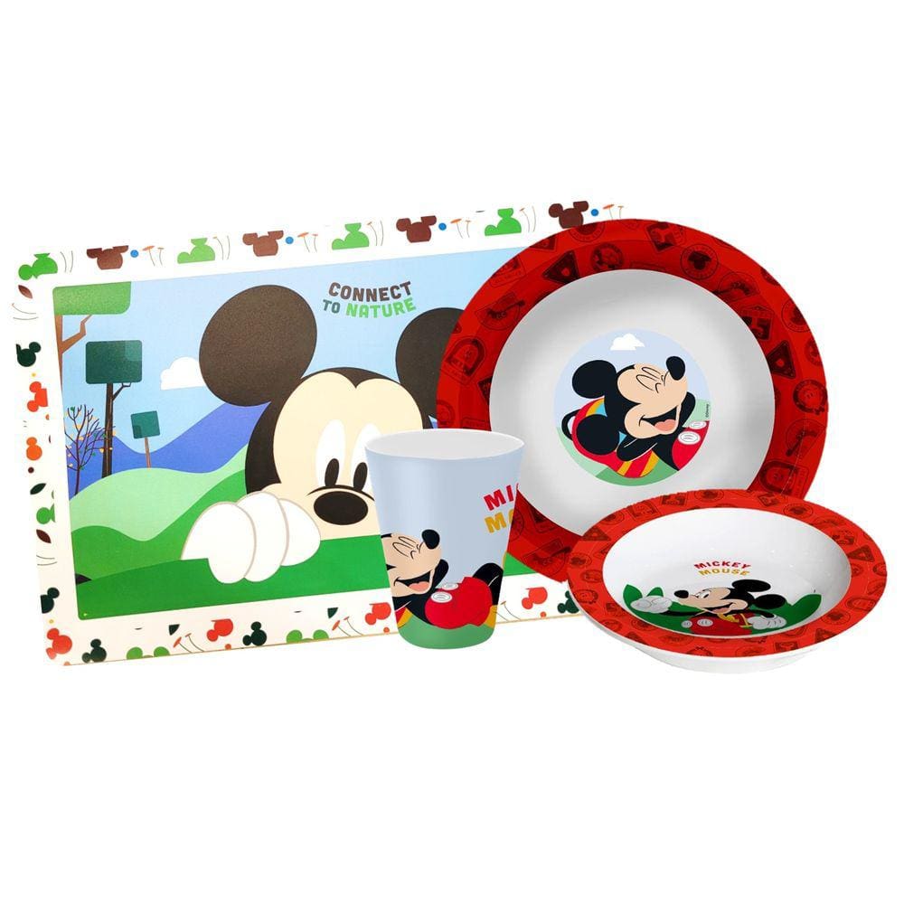 Kit Refeição Infantil Mickey 4 Peças Melamina Prato, Tigela, Copo e Lugar Americano - Tuut