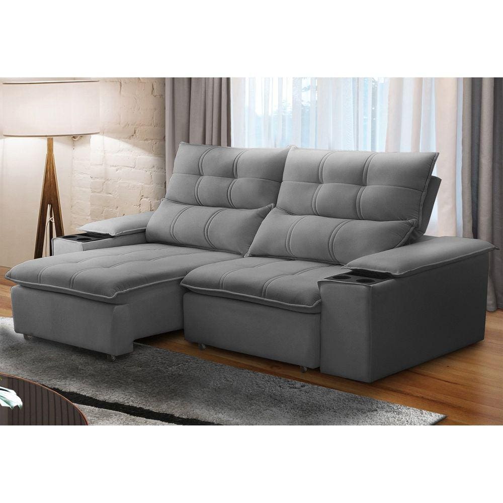 Sofá Retrátil e Reclinável 3 Lugares 210cm com Porta Copos e Objetos Bulgária Prata