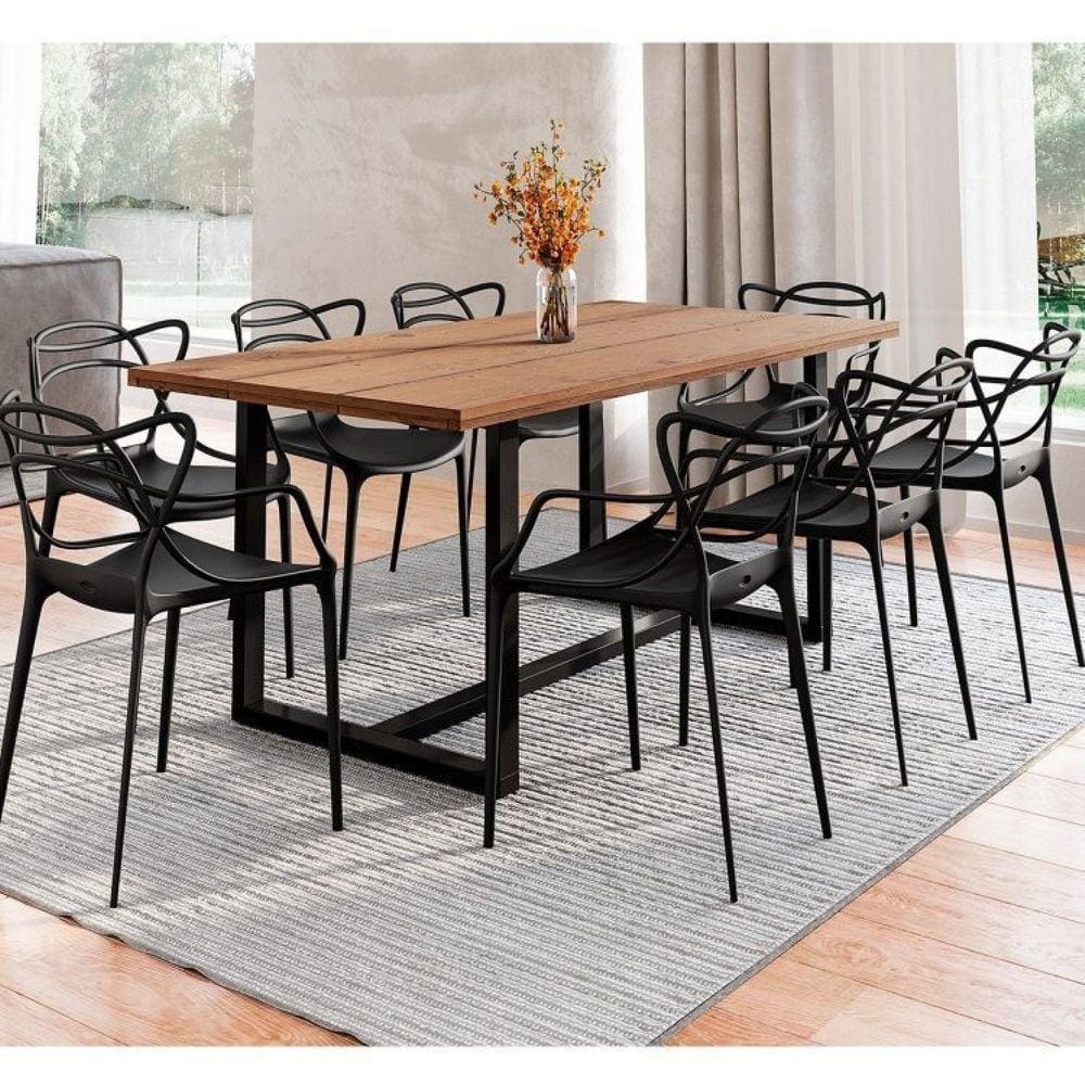 Conjunto Mesa de Jantar Rústica de Madeira Maciça com 8 Cadeiras Allegra Marrom/Preto