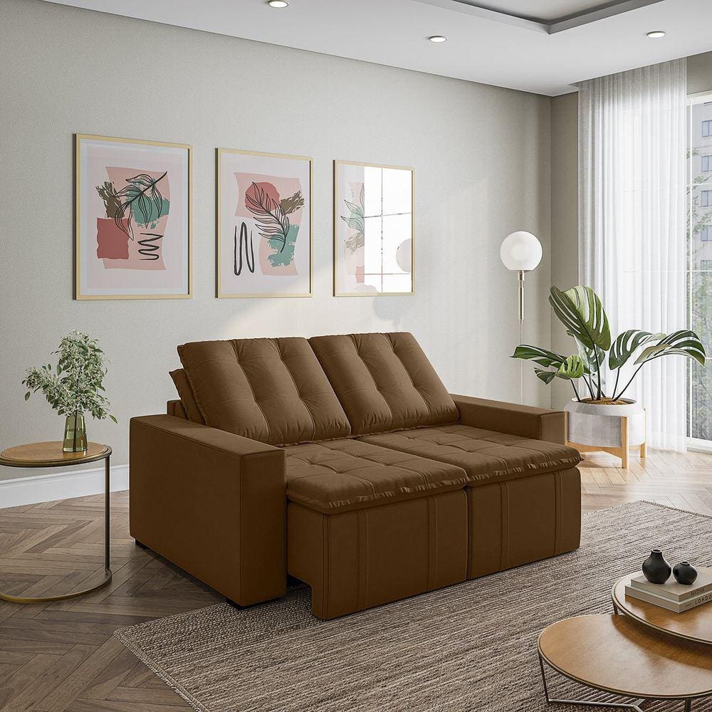 Sofá Cama Retrátil e Reclinável 3 Lugares 180cm em Veludo com Molas e Braço Reto Palmeira Cabecasa M Marrom
