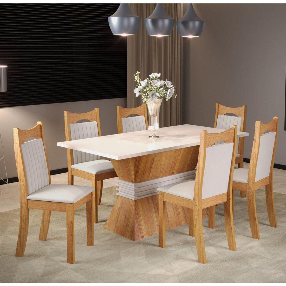 Conjunto de Jantar Mesa Retangular Chile com 6 Cadeiras Dalas Mel/Blonde/Marfim