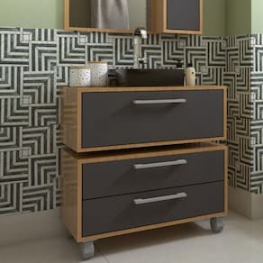 Gabinete Suspenso para Banheiro Com Cuba Preta 80cm 1 Basculante e Balcão 2 Gavetas Alice Mel/Grafite