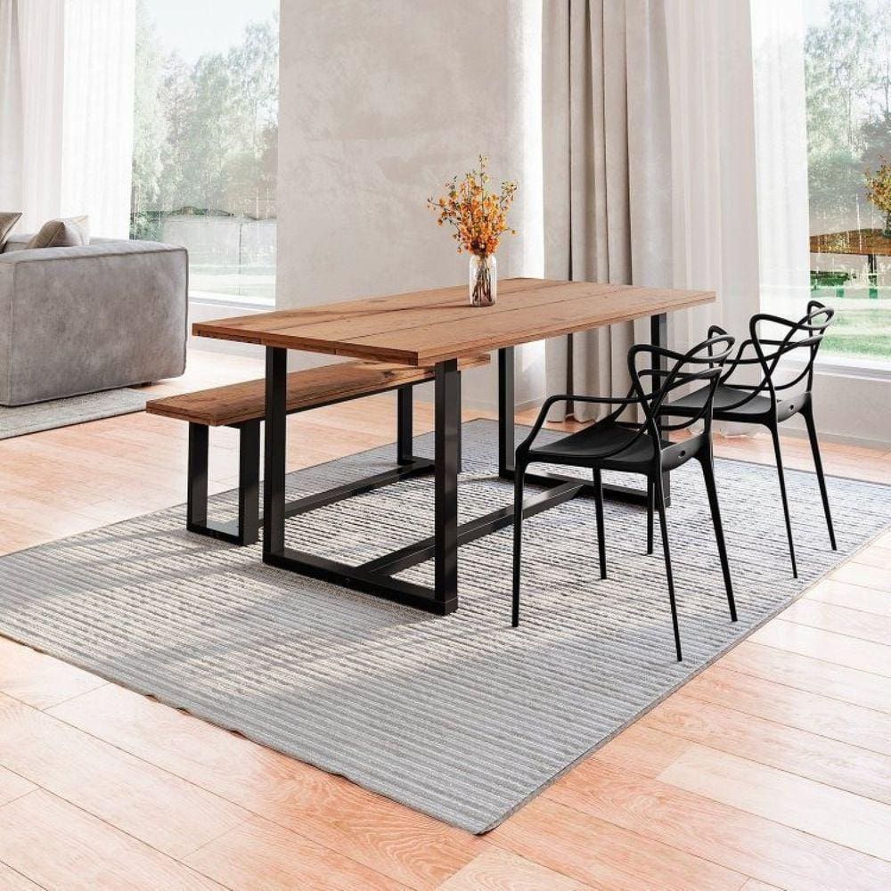 Conjunto Mesa de Jantar Rústica e Banco de Madeira Maciça com Cadeiras Allegra Preto/Marrom