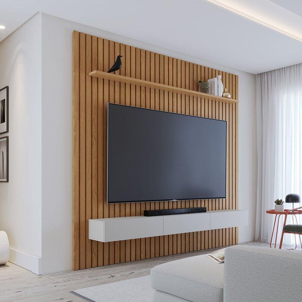 Conjunto Painel Ripado 2500 e Nicho Niágara 2179 Freijó / Off White Matte