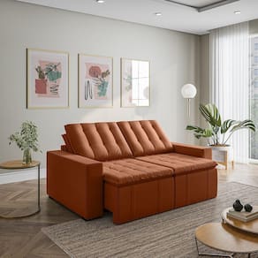 Sofá Cama Retrátil e Reclinável 3 Lugares 200cm em Veludo com Molas e Braço Reto Palmeira Cabecasa M Terracota