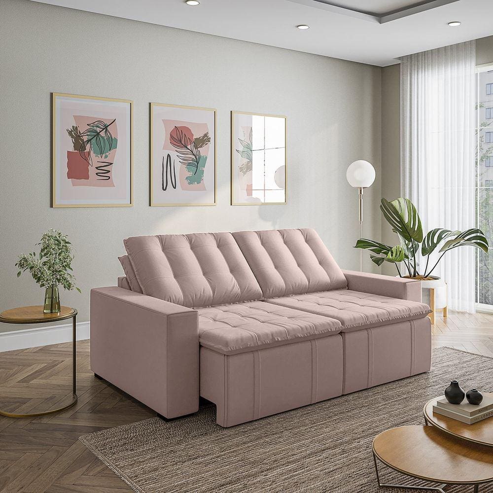 Sofá Cama Retrátil e Reclinável 3 Lugares 220cm em Veludo com Molas e Braço Reto Palmeira Cabecasa M Rosa