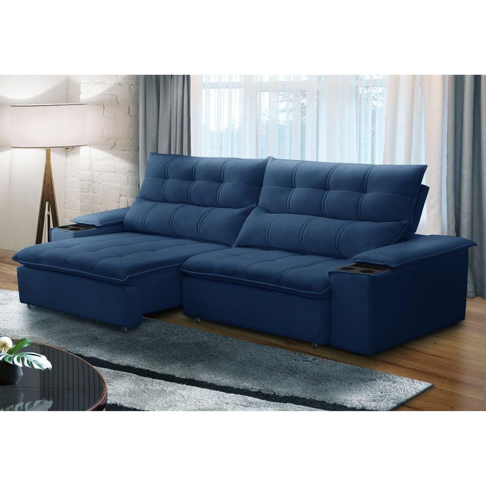 Sofá Retrátil e Reclinável 3 Lugares 230cm com Porta Copos e Objetos Bulgária Azul