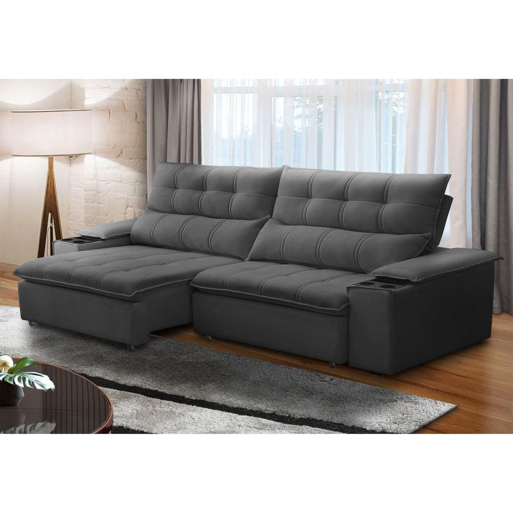 Sofá Retrátil e Reclinável 4 Lugares 250cm com Porta Copos e Objetos Bulgária Grafite