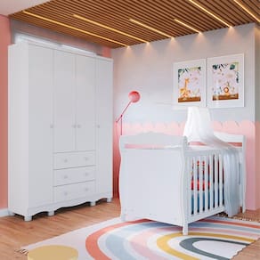 Quarto de Bebê com Guarda Roupa 4 Portas 3 Gavetas e Berço Mini Cama Nina 100% Mdf Espresso Móveis Branco Brilho