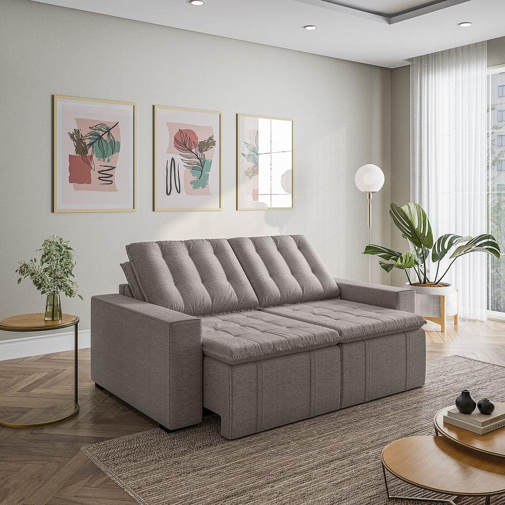 Sofá Cama Retrátil e Reclinável 3 Lugares 200cm em Veludo com Molas e Braço Reto Palmeira Cabecasa M Marrom